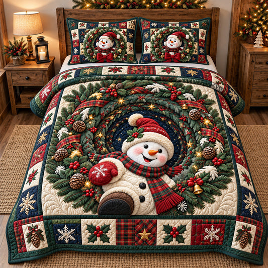 Pine Wreath Snowman 3-Piece Quilted Bedding Set GFTOTP22604