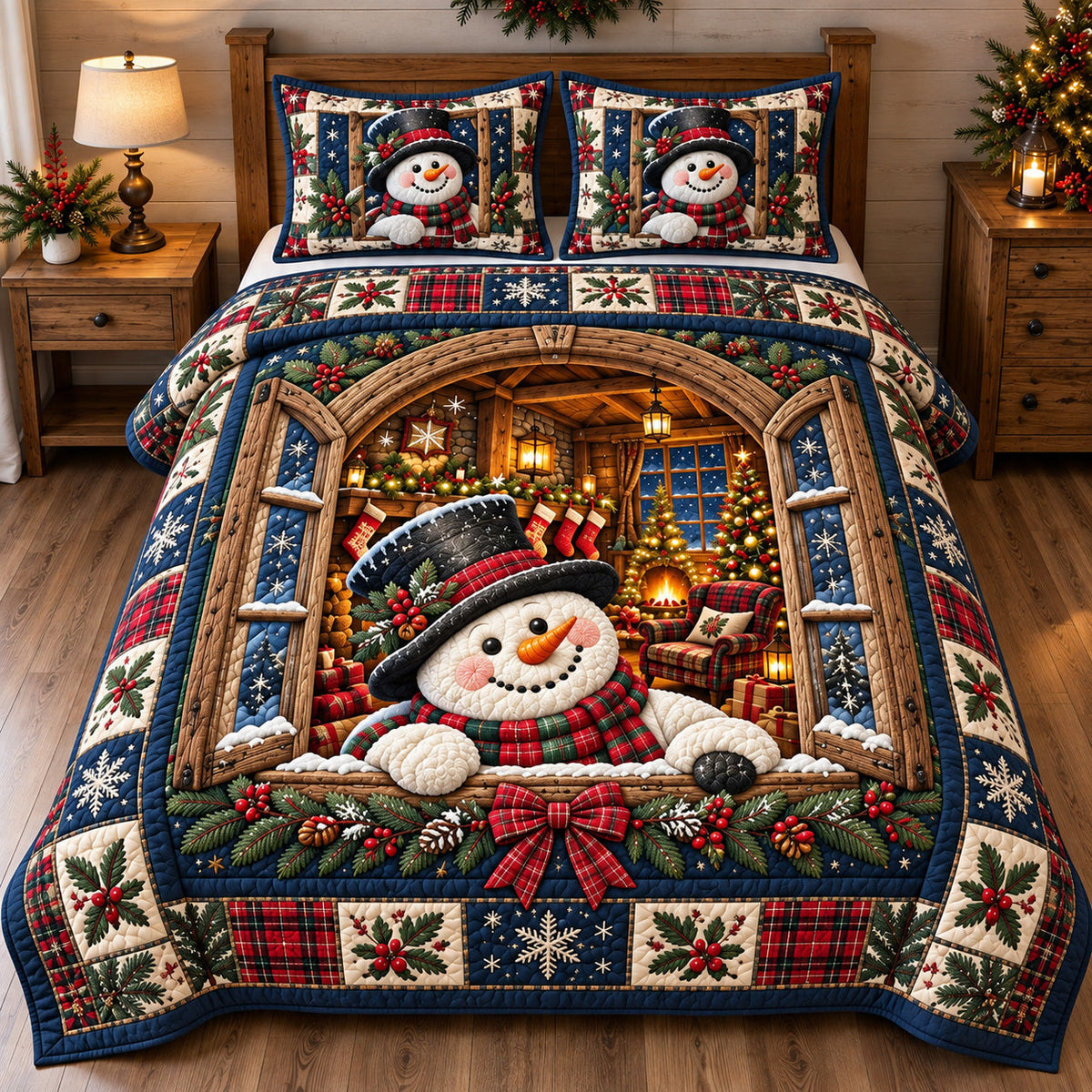 Cabin Window Snowman 3-Piece Quilted Bedding Set GFTOTP22605
