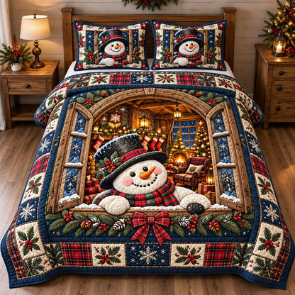 Cabin Window Snowman 3-Piece Quilted Bedding Set GFTOTP22605