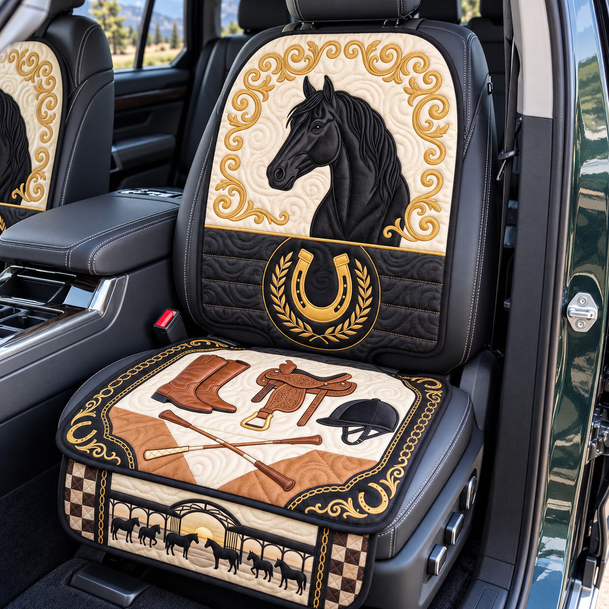 Elegant Black Horse Quilted Car Seat Protector GFTOTP22685