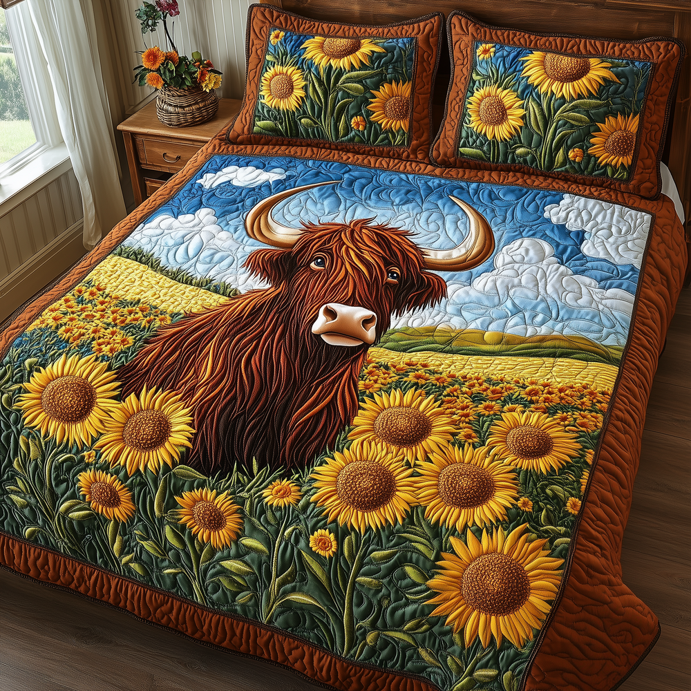 Golden Meadow Highland Cow 3-Piece Quilted Bedding Set GFTOTP2949