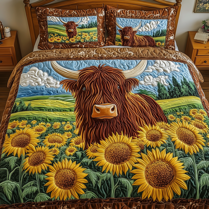 Golden Meadow Highland Cow 3-Piece Quilted Bedding Set GFTOTP2950