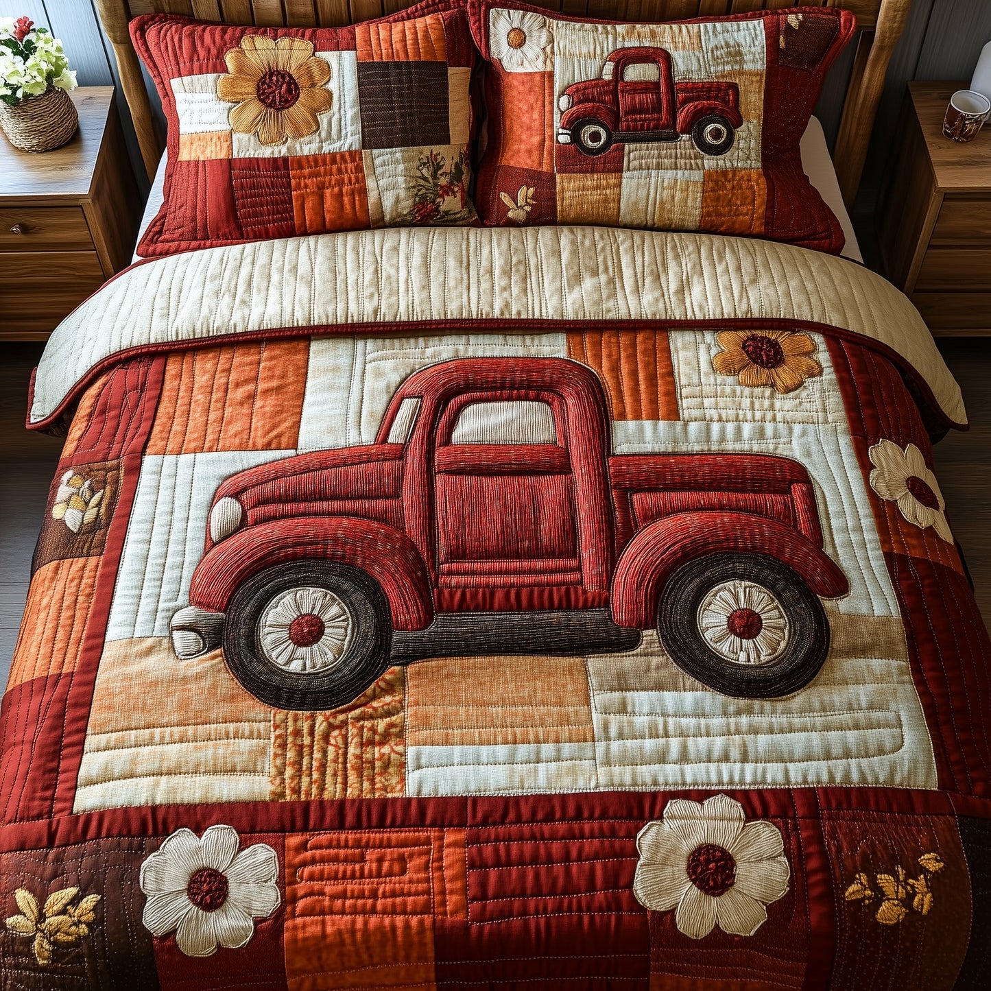 Vintage Red Truck 3-Piece Quilted Bedding Set GFTOTP3719