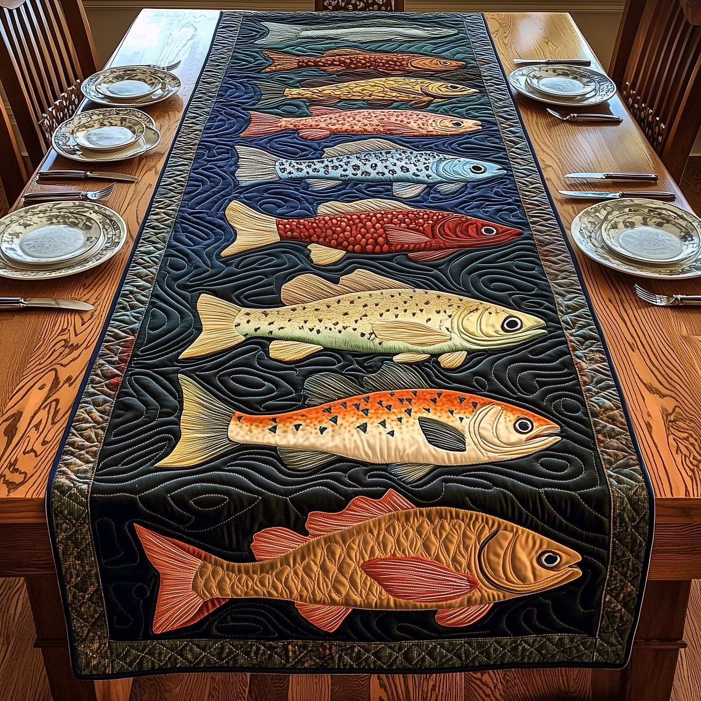 Lakeside Trout Retreat Quilted Table Runner GFTOTP6133