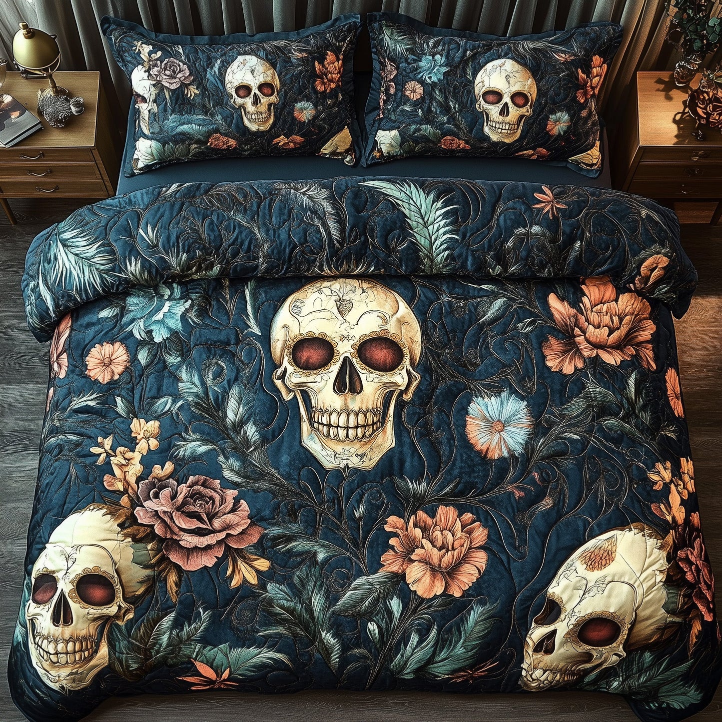 Floral Skull 3-Piece Quilted Bedding Set GFTOTP7541