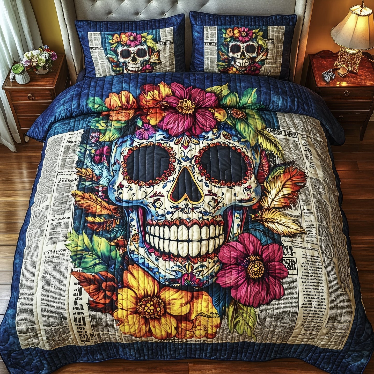 Floral Skull 3-Piece Quilted Bedding Set GFTOTP7549