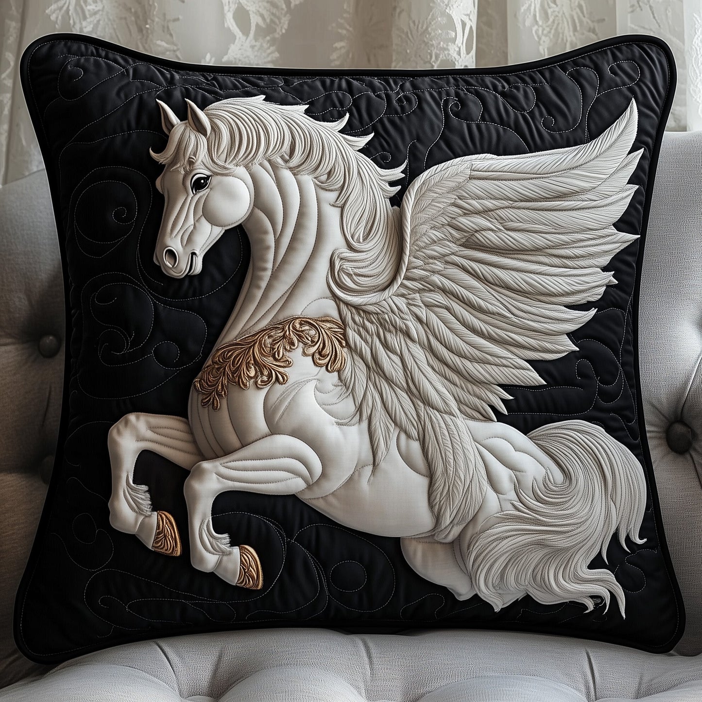 Elegant White Horse Quilted Pillow Case GFTOTP8502