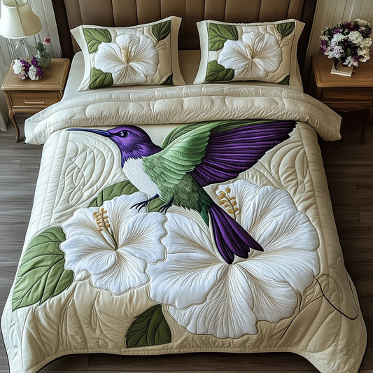 White Hibicus Dance 3-Piece Quilted Bedding Set GFTOTP8896