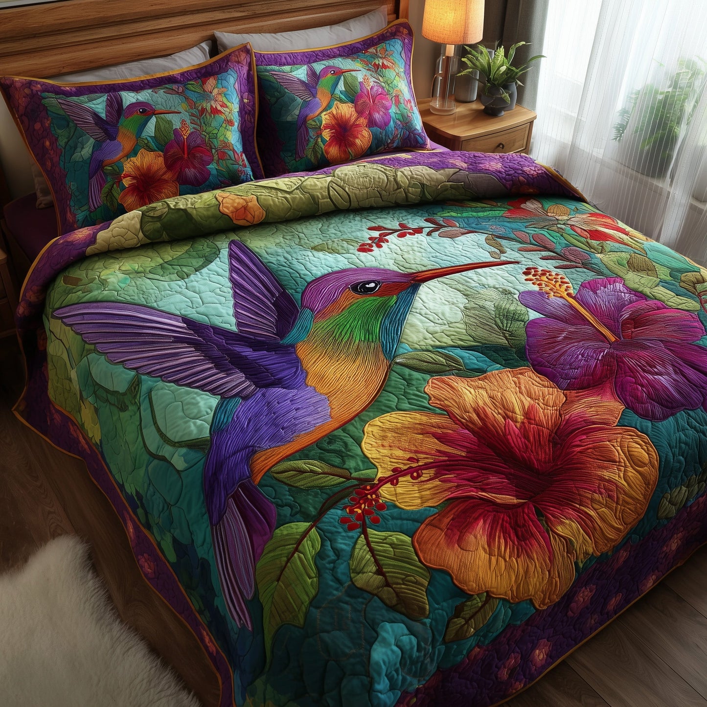 Vibrant Hummingbird 3-Piece Quilted Bedding Set GFTOTP9298