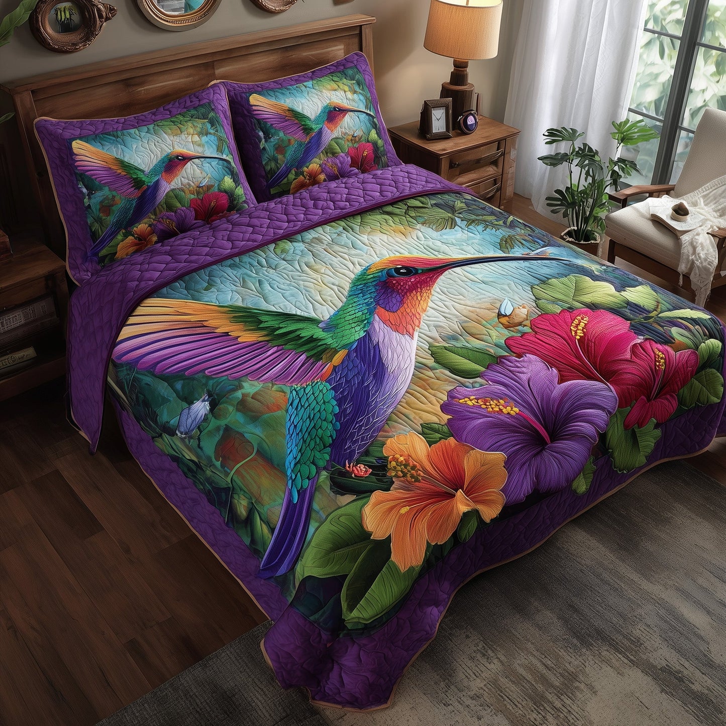 Vibrant Hummingbird 3-Piece Quilted Bedding Set GFTOTP9299