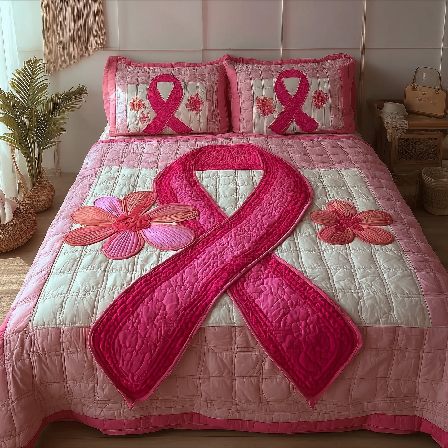 Breast Cancer Ribbon 3-Piece Quilted Bedding Set GFTOTP9506
