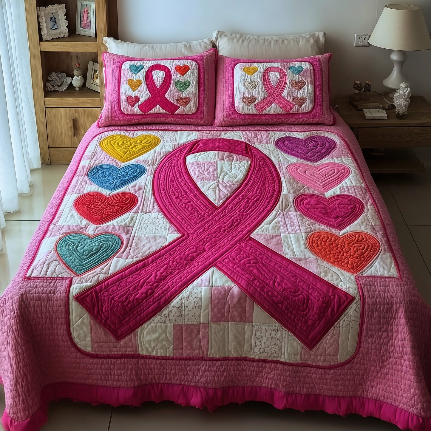 Breast Cancer Ribbon 3-Piece Quilted Bedding Set GFTOTP9507