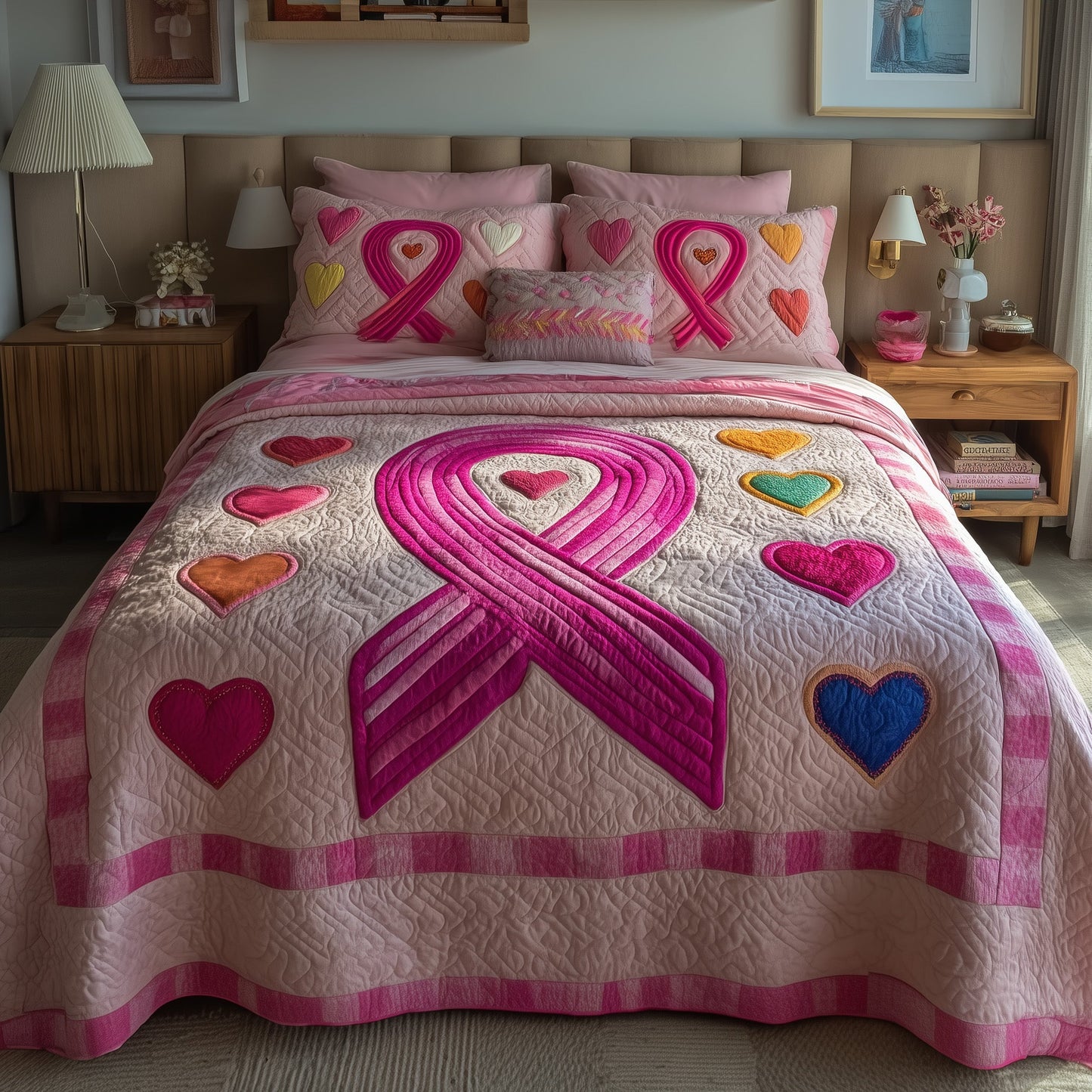 Breast Cancer Ribbon 3-Piece Quilted Bedding Set GFTOTP9508