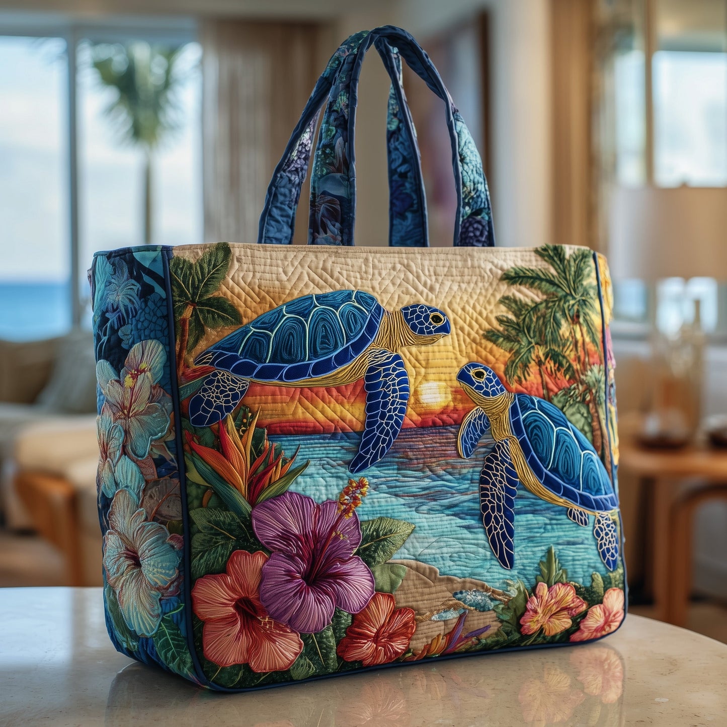 Sunset Drift Turtle Quilted Tote Bag GFTOTP9744