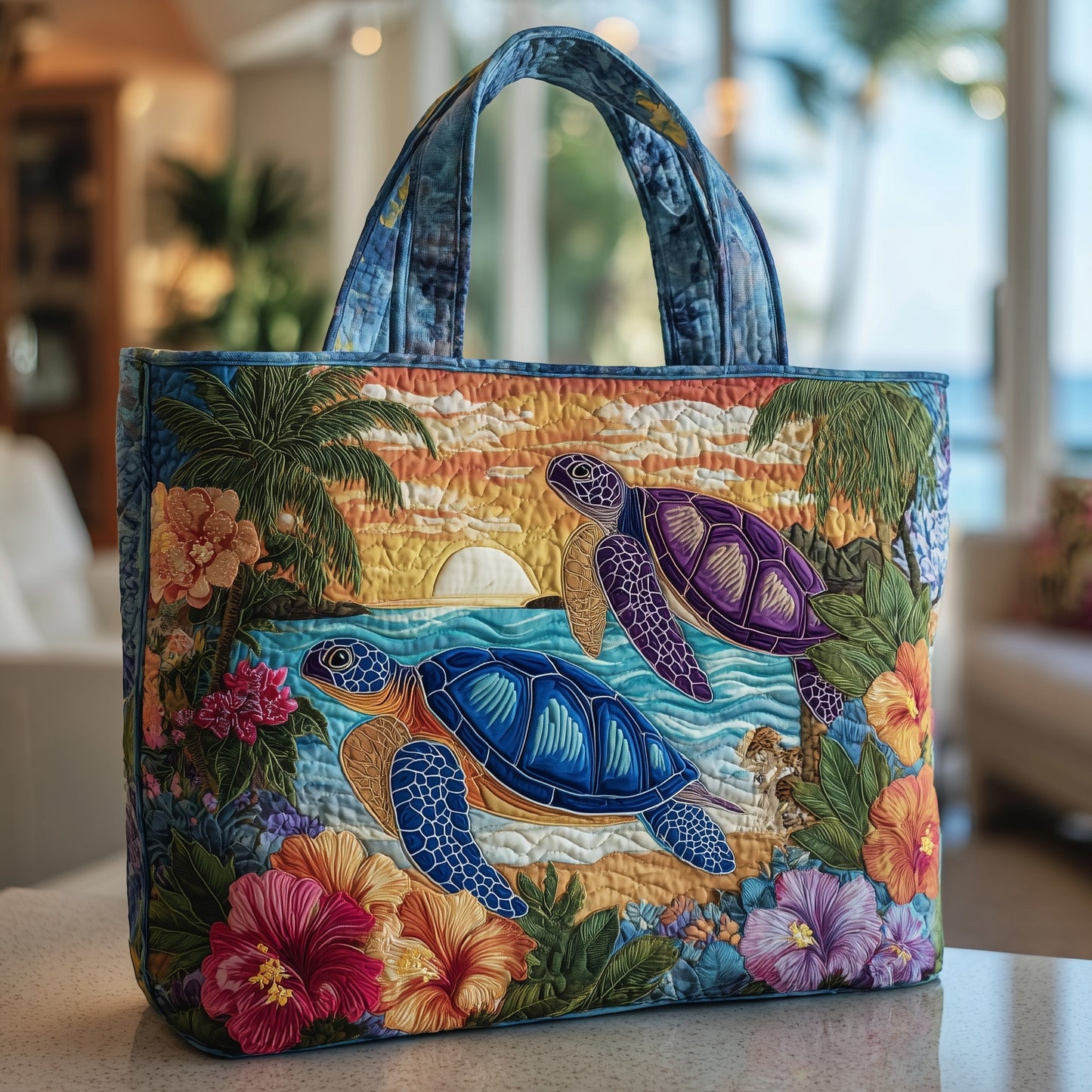 Sunset Drift Turtle Quilted Tote Bag GFTOTP9745