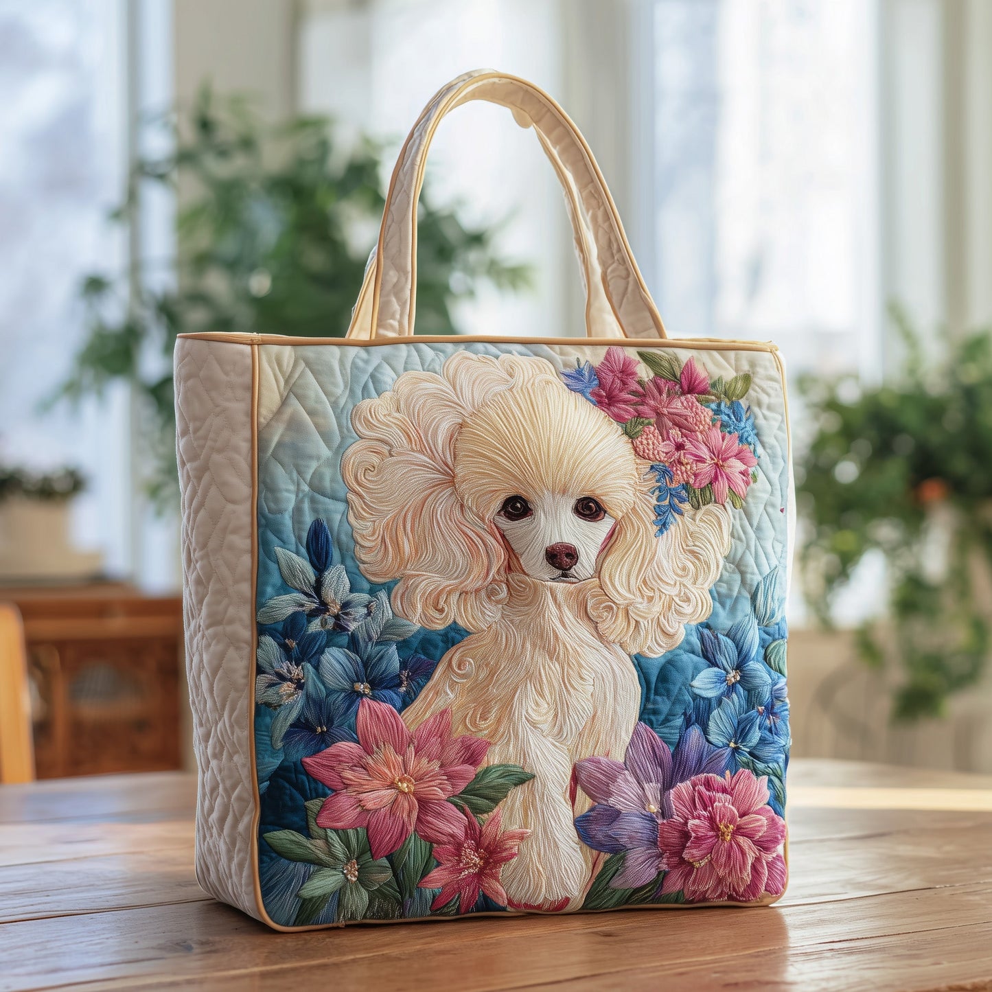 Blue Flower Poodle Quilted Tote Bag GFTOXM11