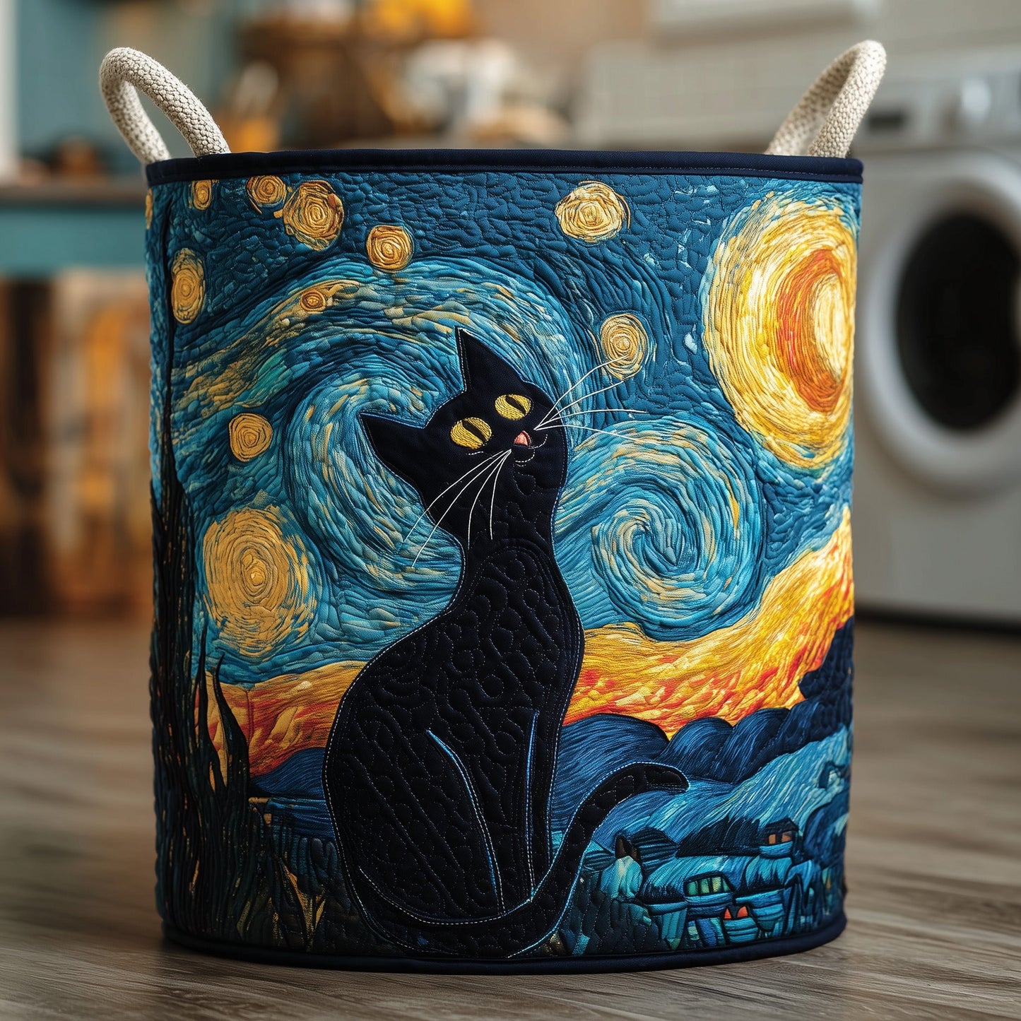 Starry Night Cat Quilted Laundry Basket GFTOXM164