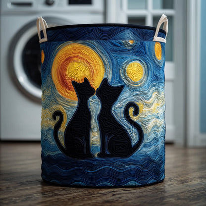 Starry Night Cat Couple Quilted Laundry Basket GFTOXM165