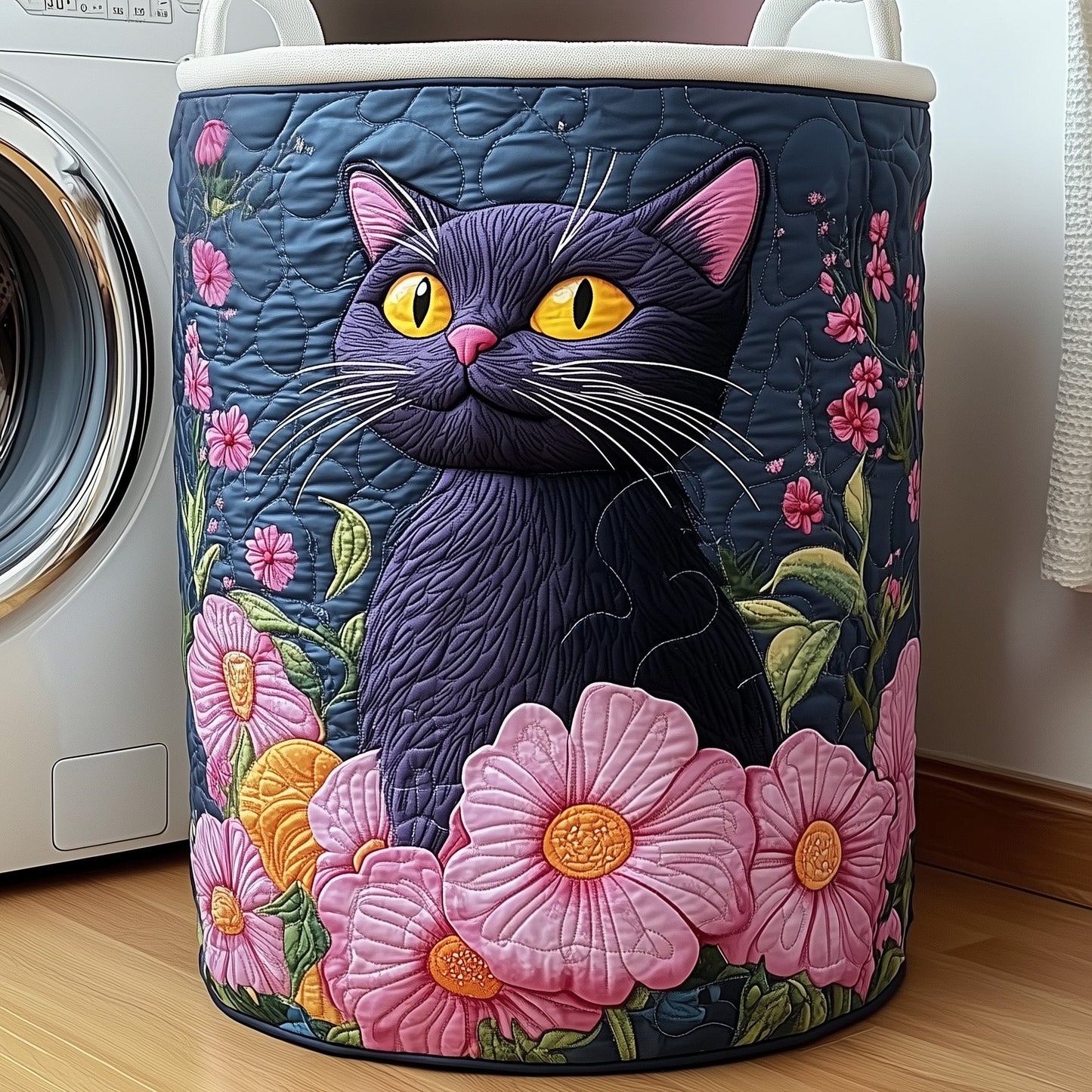 Floral Black Cat Quilted Laundry Basket GFTOXM282