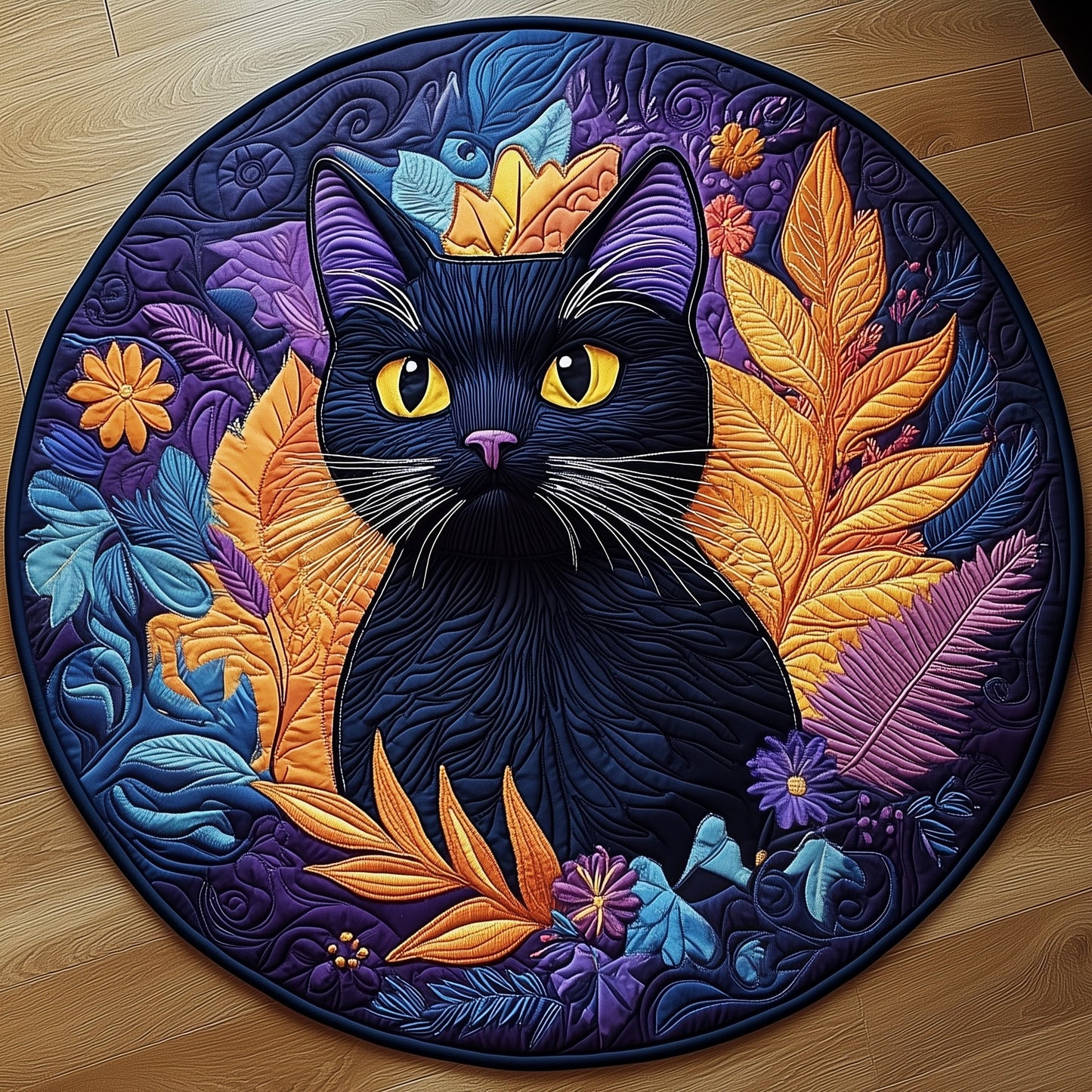 Floral Black Cat Quilted Round Mat GFTOXM375