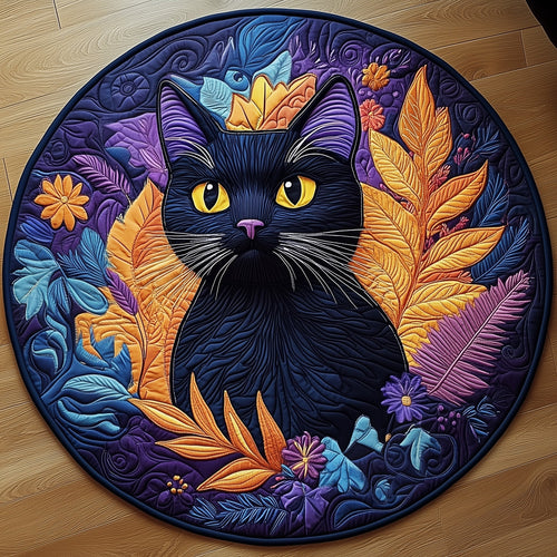 Floral Black Cat Quilted Round Mat GFTOXM375