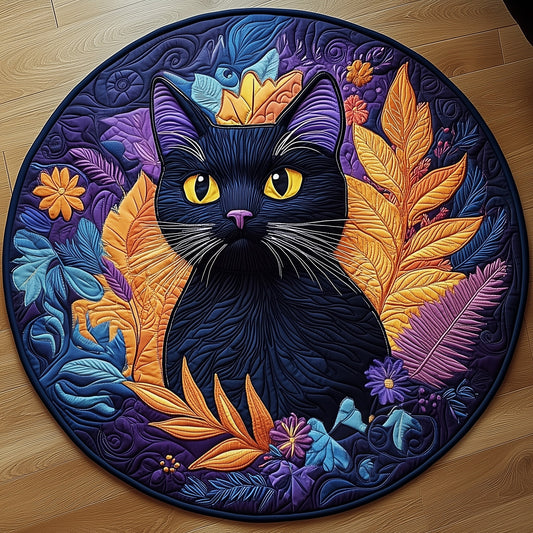 Floral Black Cat Quilted Round Mat GFTOXM375