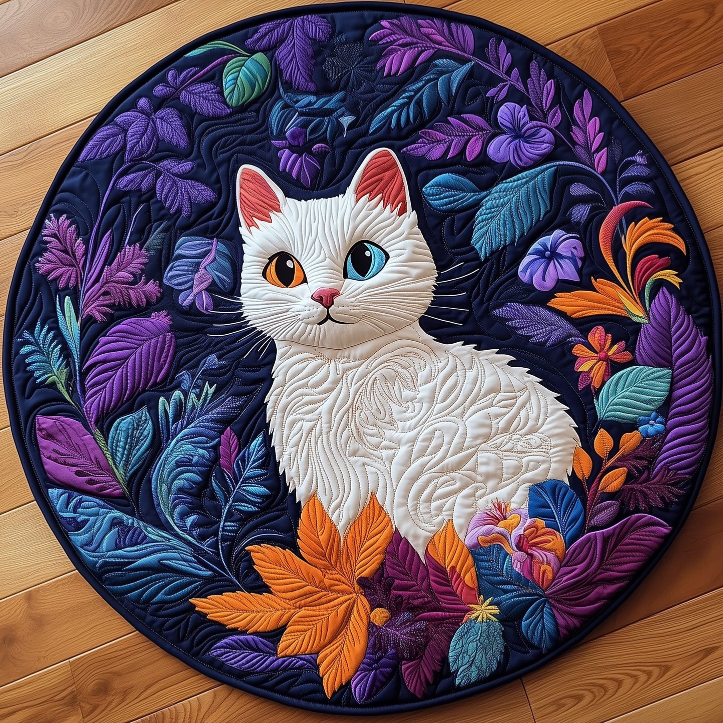 Floral White Cat Quilted Round Mat GFTOXM376