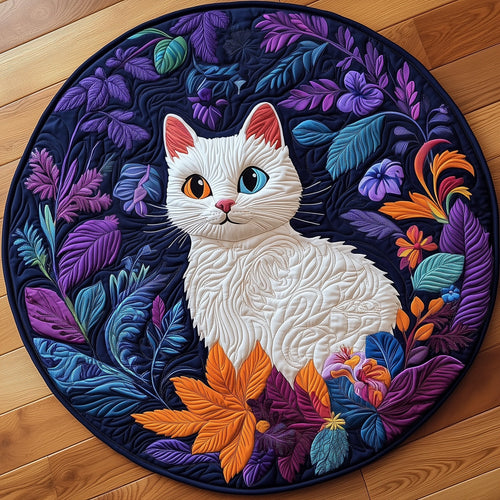 Floral White Cat Quilted Round Mat GFTOXM376