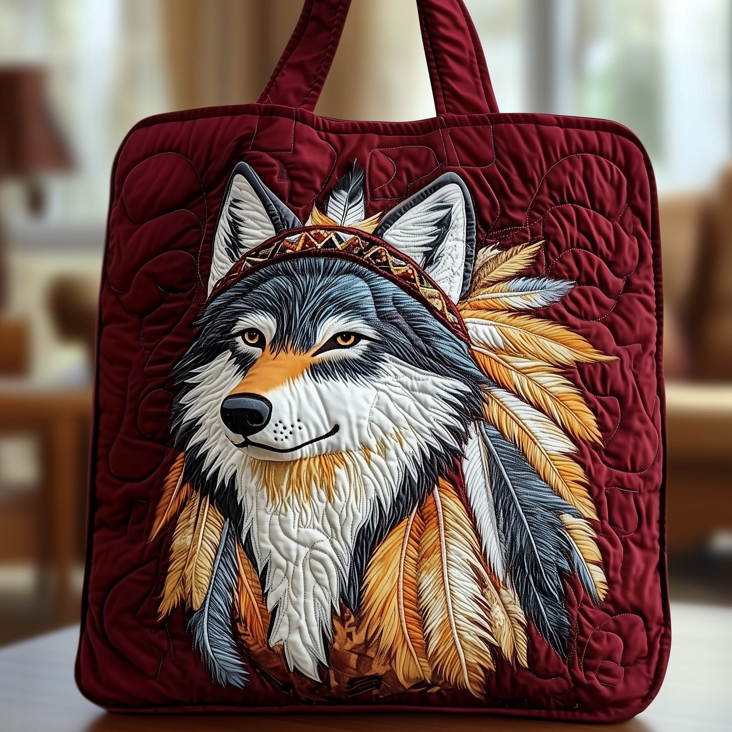 Native Wolf Quilted Tote Bag GFTOXM476