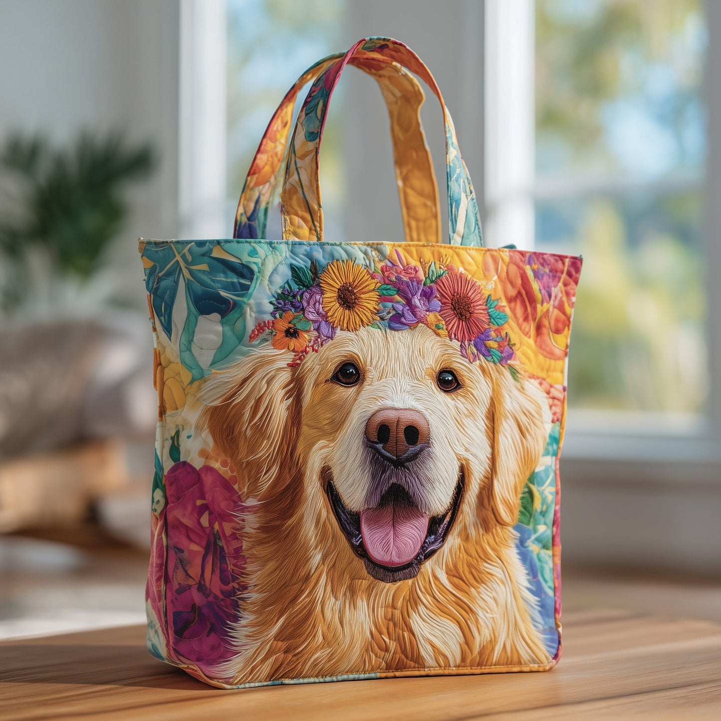 Floral Golden Retriever Quilted Tote Bag GFTOXM72