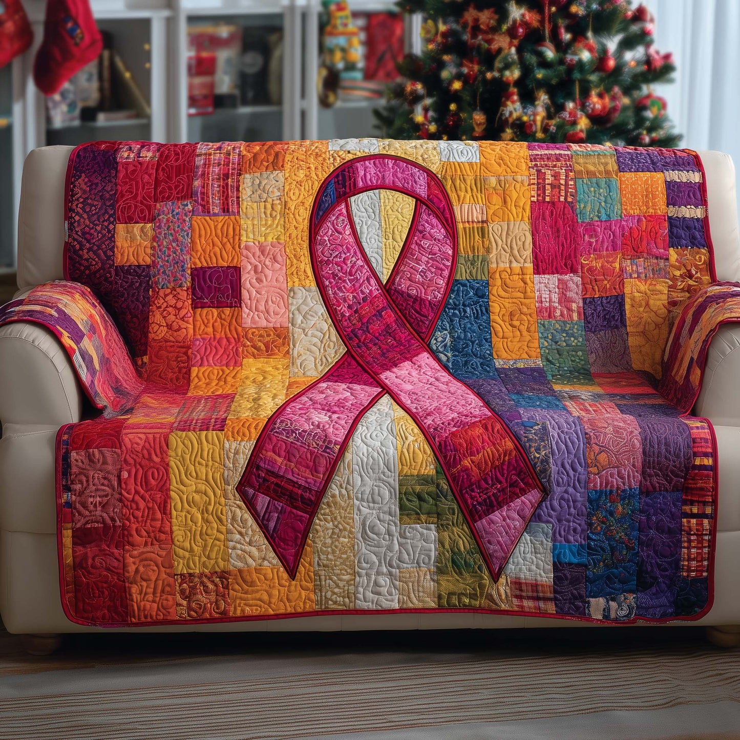 Breast Cancer Ribbon Quilted Sofa Cover GFTOYC1548