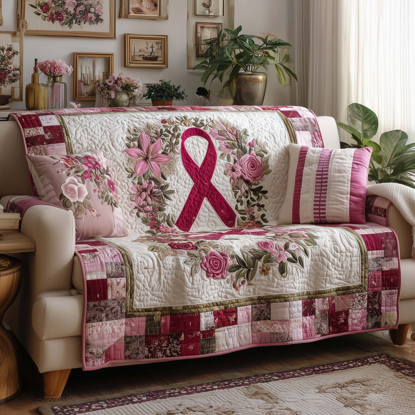 Breast Cancer Ribbon Quilted Sofa Cover GFTOYC1552