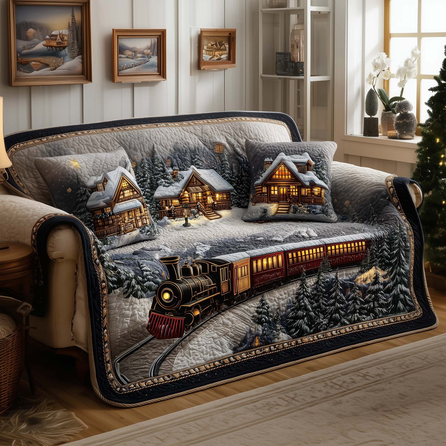 Winter Train Quilted Sofa Cover GFTOYC1588