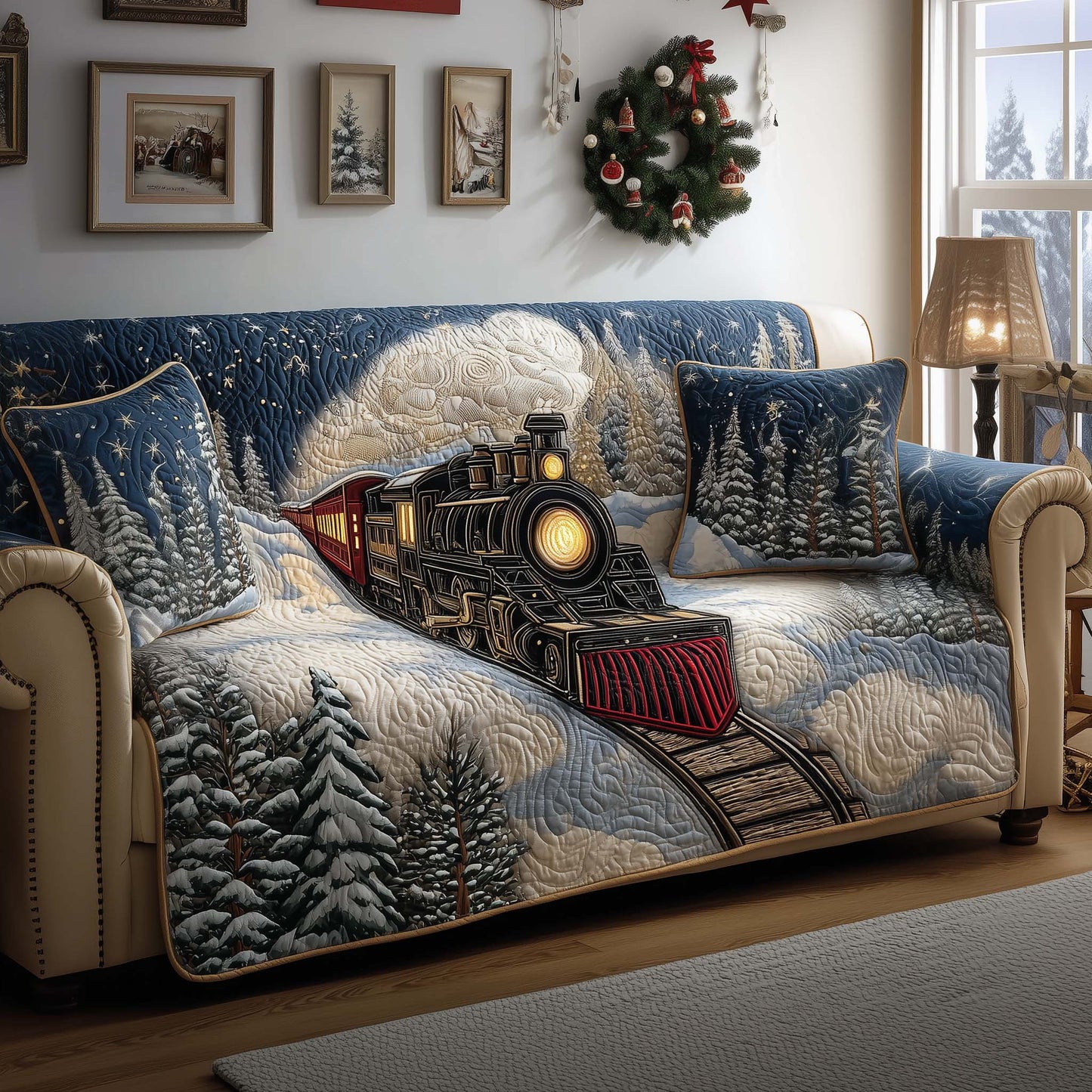 Winter Train Quilted Sofa Cover GFTOYC1591