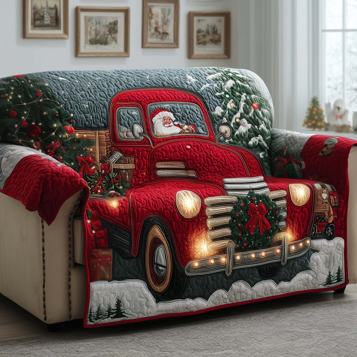 Festive Truck Quilted Sofa Cover GFTOYC1775