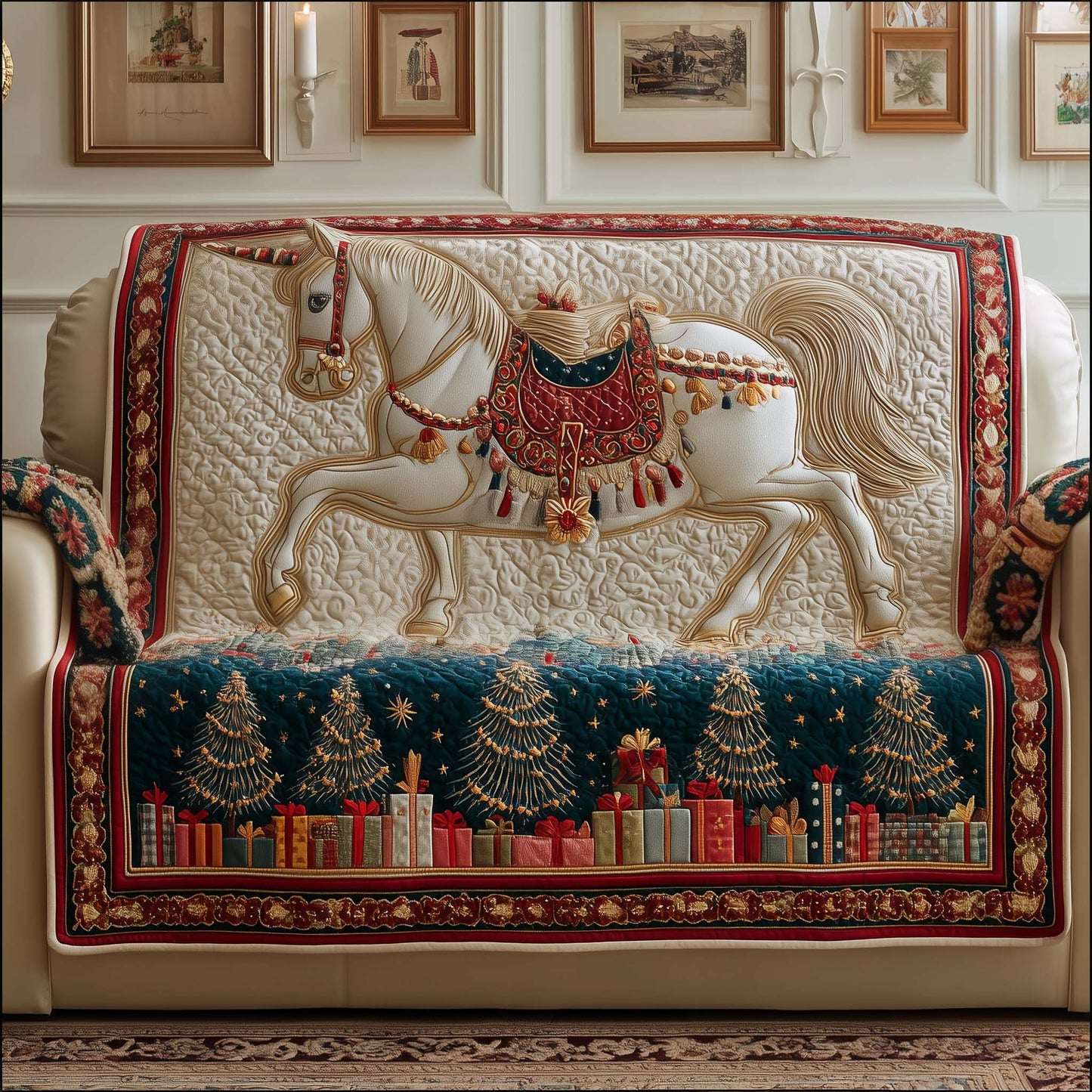 Yuletide Horse Quilted Sofa Cover GFTOYC1838