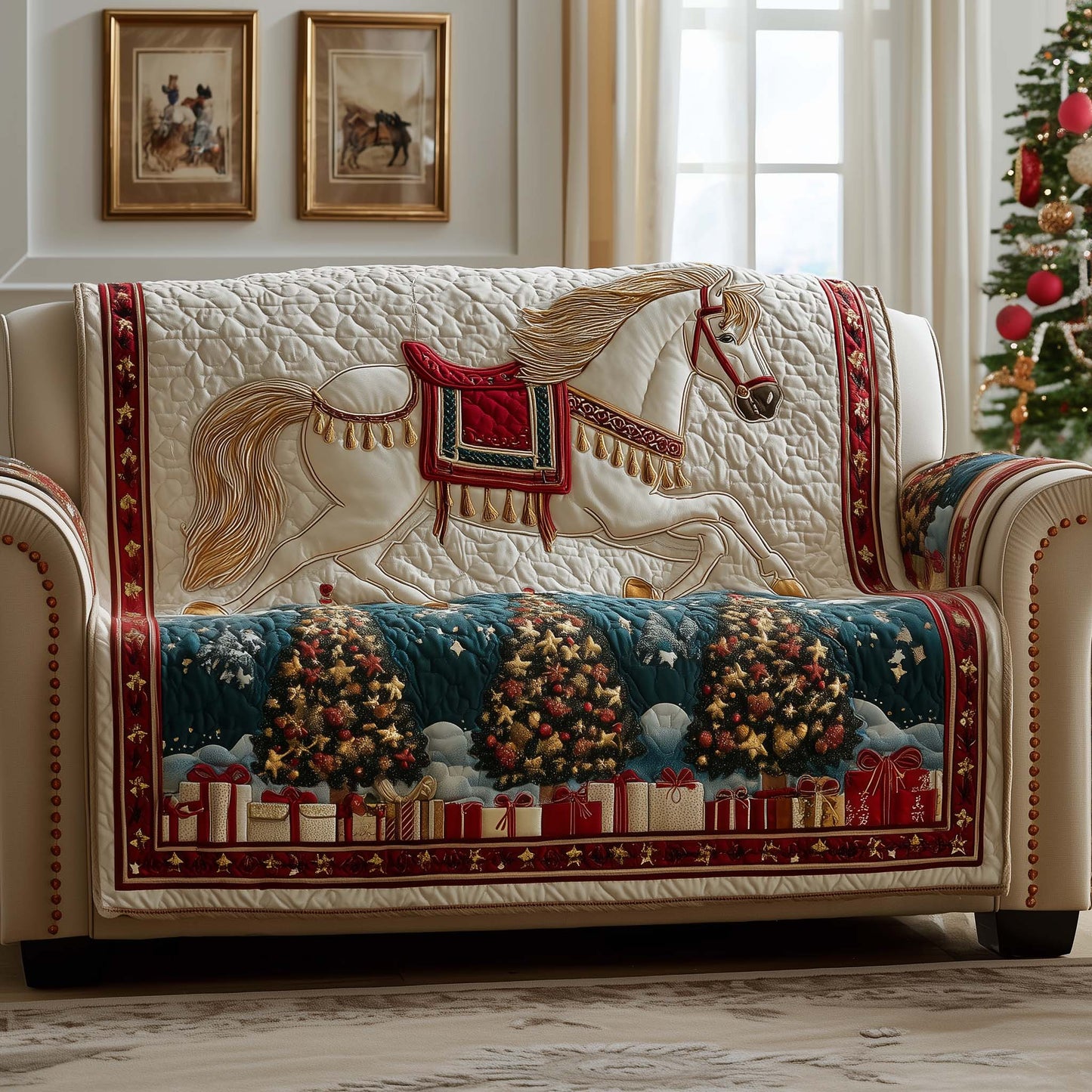 Yuletide Horse Quilted Sofa Cover GFTOYC1839