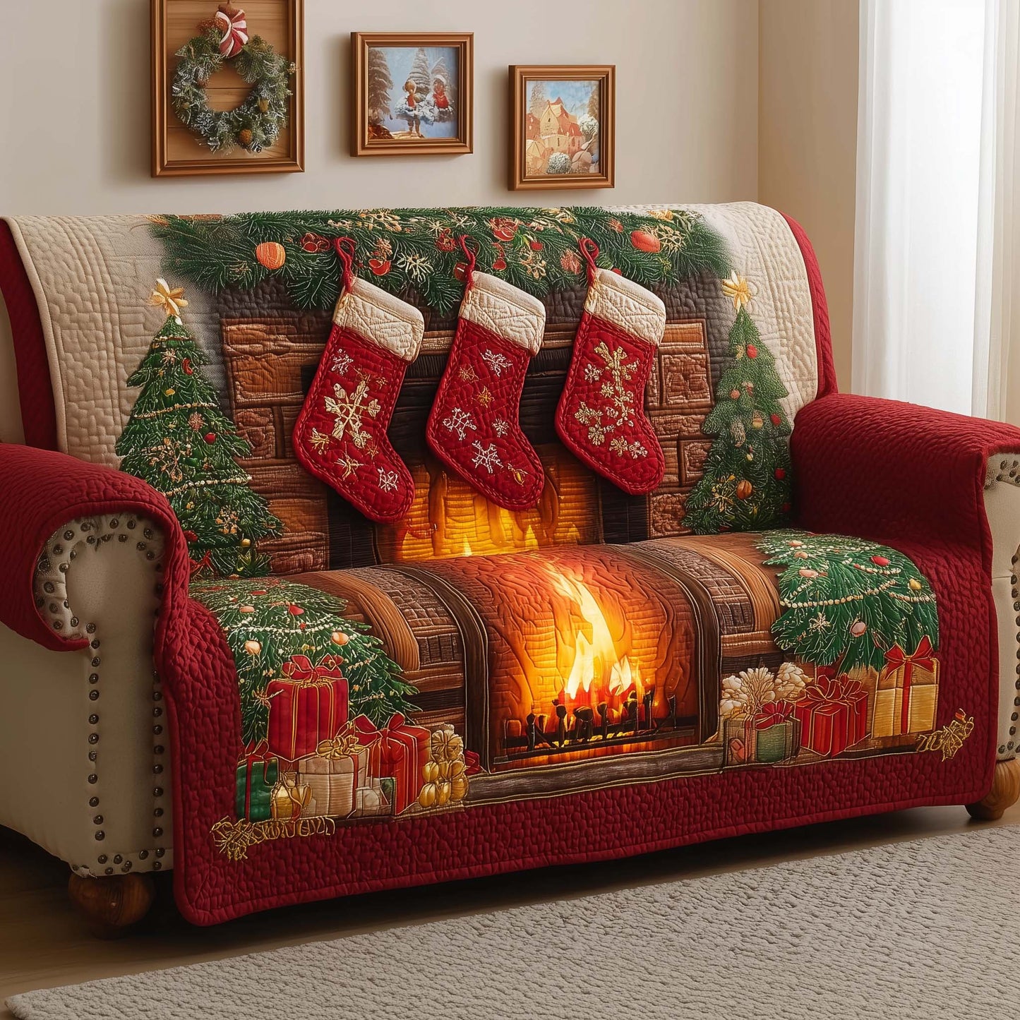 Festive Fireplace Quilted Sofa Cover GFTOYC2000
