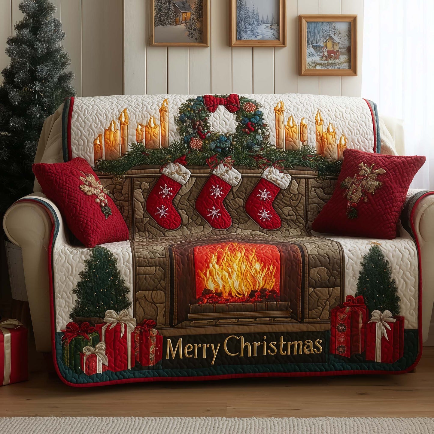 Festive Fireplace Quilted Sofa Cover GFTOYC2001