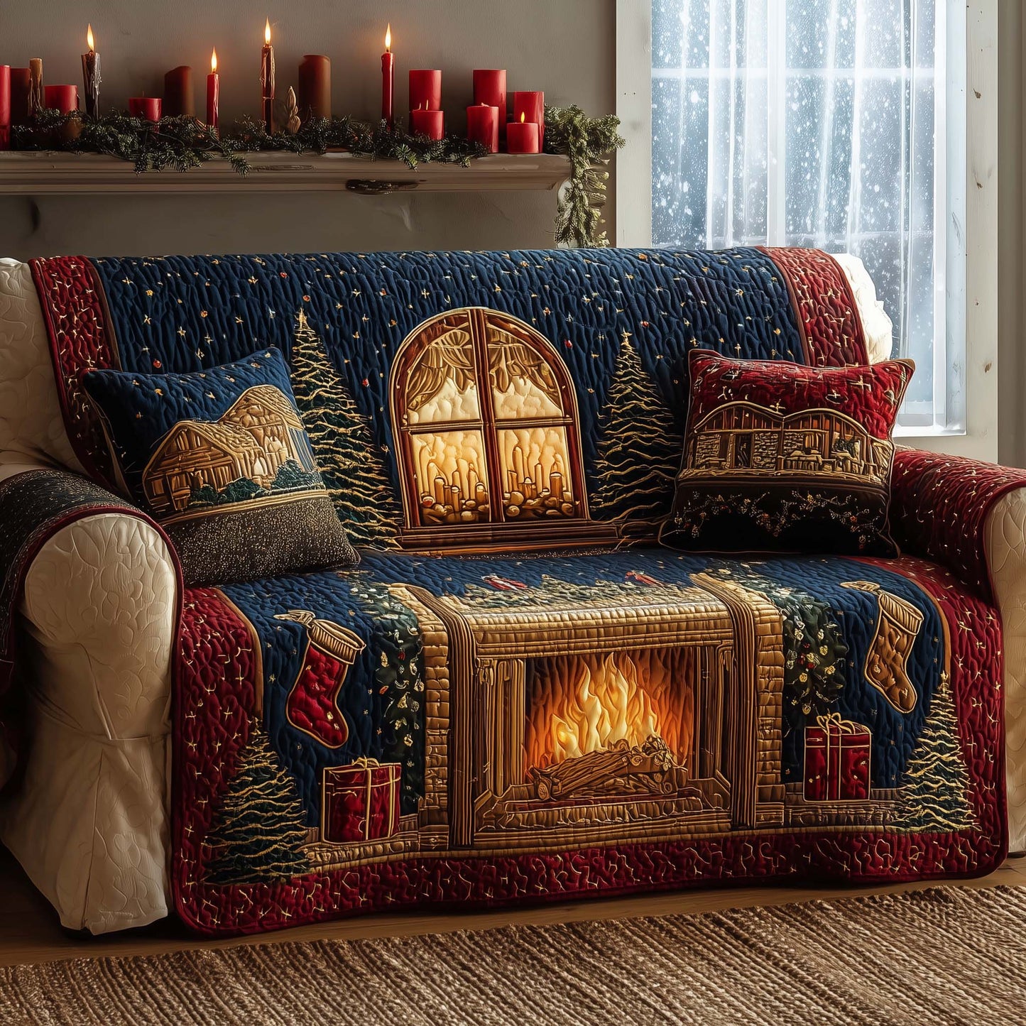 Festive Fireplace Quilted Sofa Cover GFTOYC2004