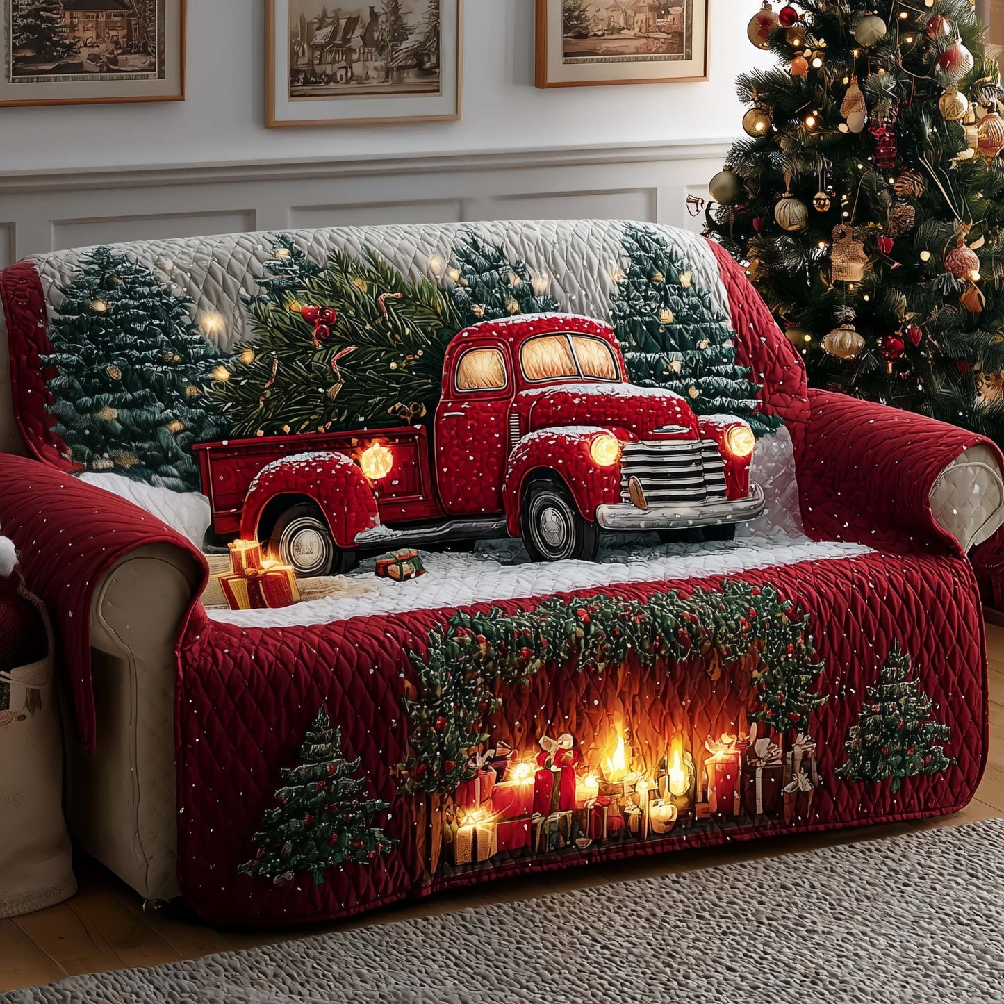 Festive Fireplace Quilted Sofa Cover GFTOYC2006