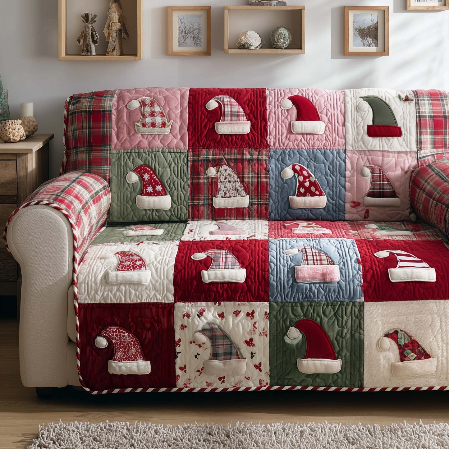 Santa Hats Patchwork Quilted Sofa Cover GFTOYC2063