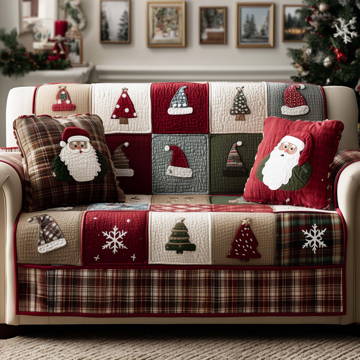 Santa Hats Patchwork Quilted Sofa Cover GFTOYC2064