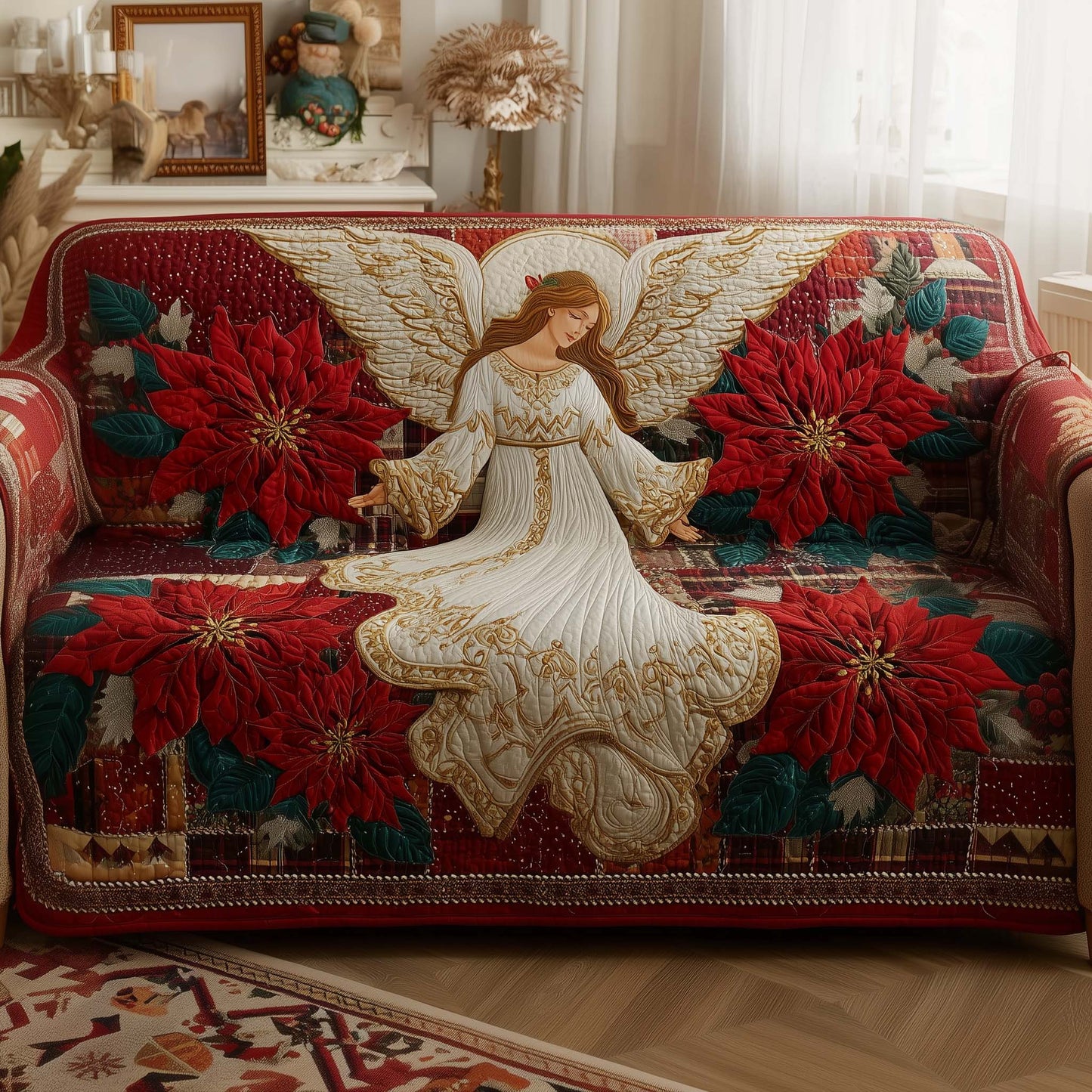 Poinsettia Angel Quilted Sofa Cover GFTOYC2088