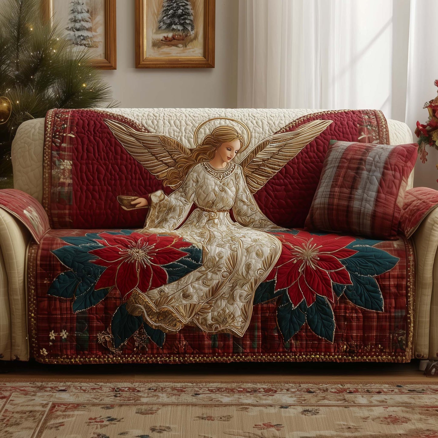 Poinsettia Angel Quilted Sofa Cover GFTOYC2089