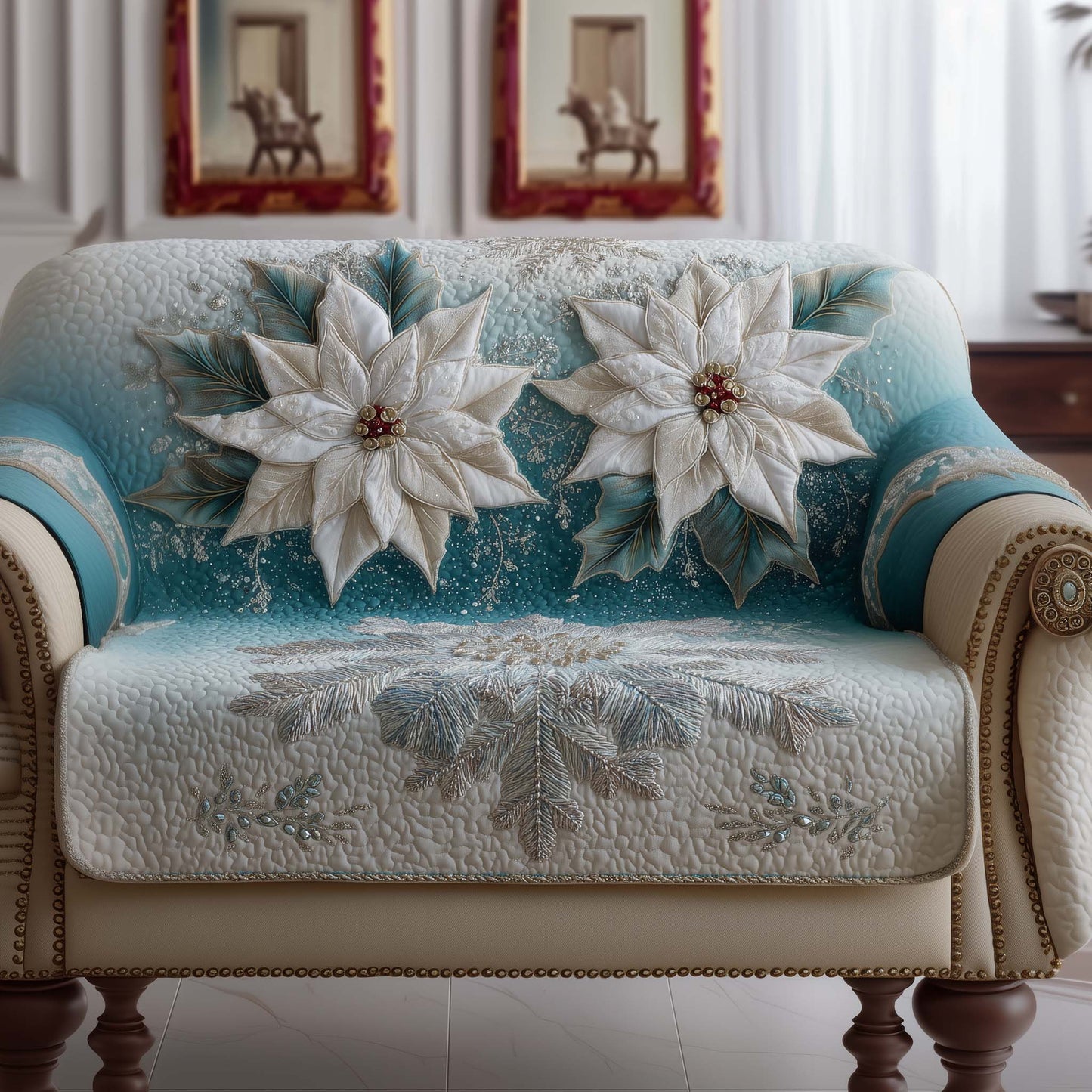 Festive Poinsettia Quilted Sofa Cover GFTOYC2091