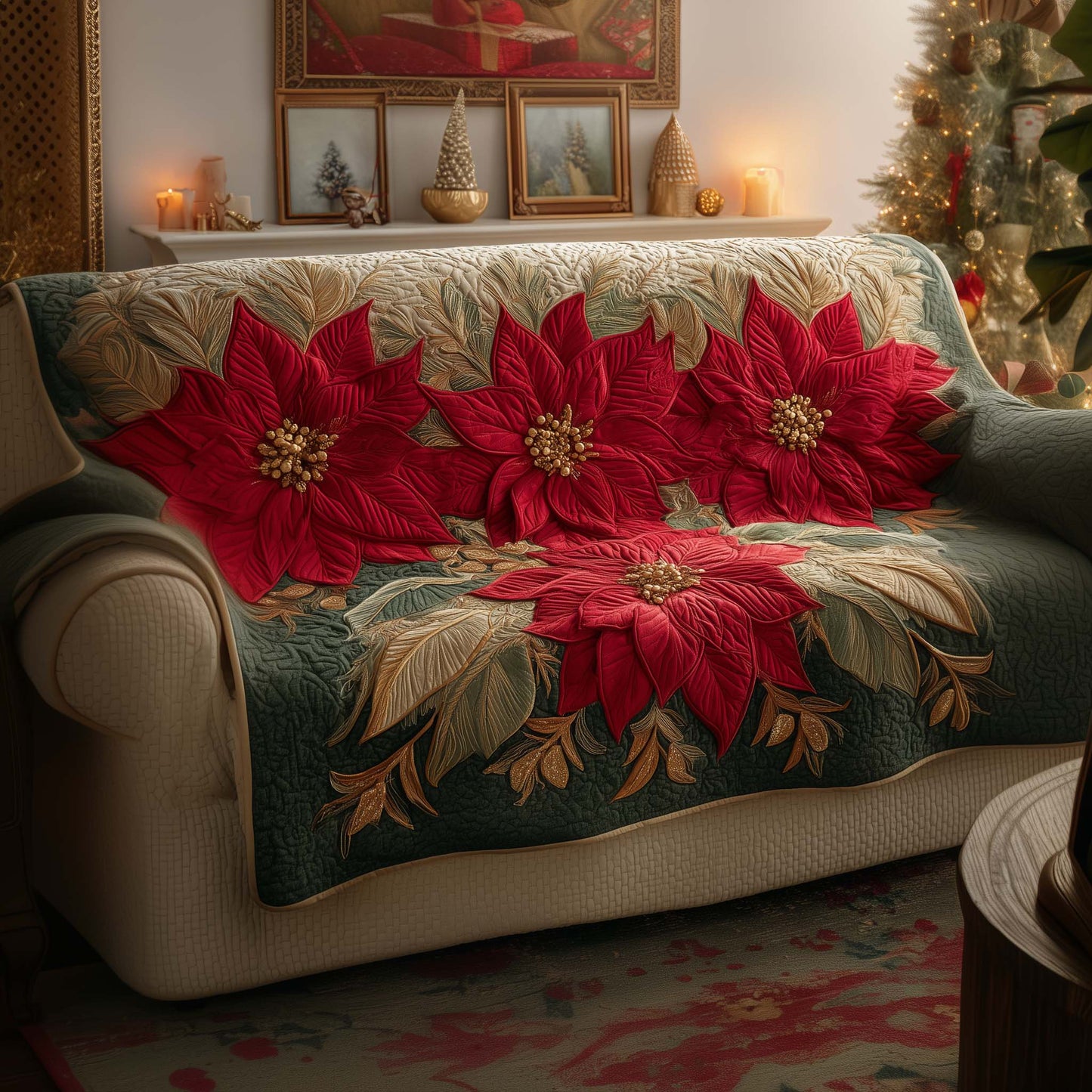 Festive Poinsettia Quilted Sofa Cover GFTOYC2092