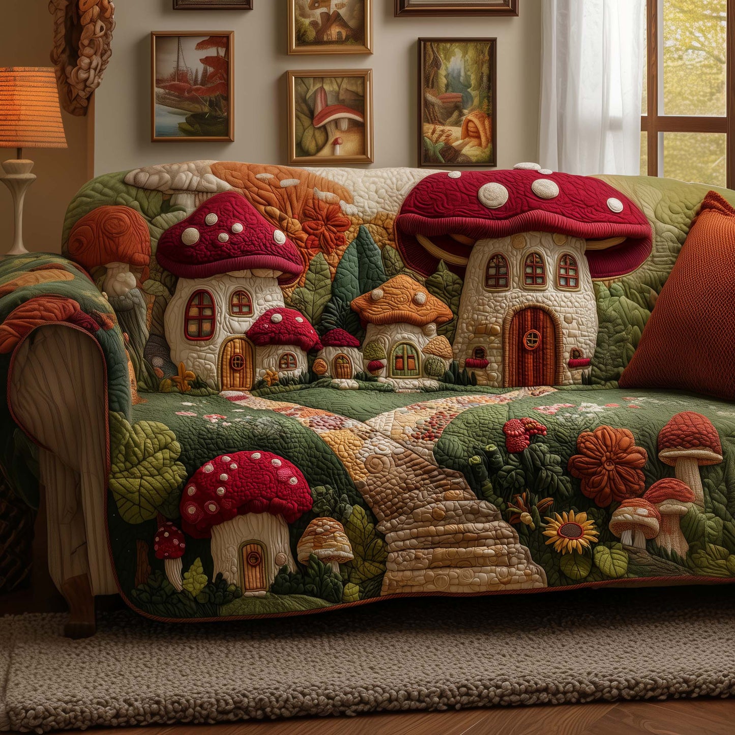 Mushroom House Quilted Sofa Cover GFTOYC2273