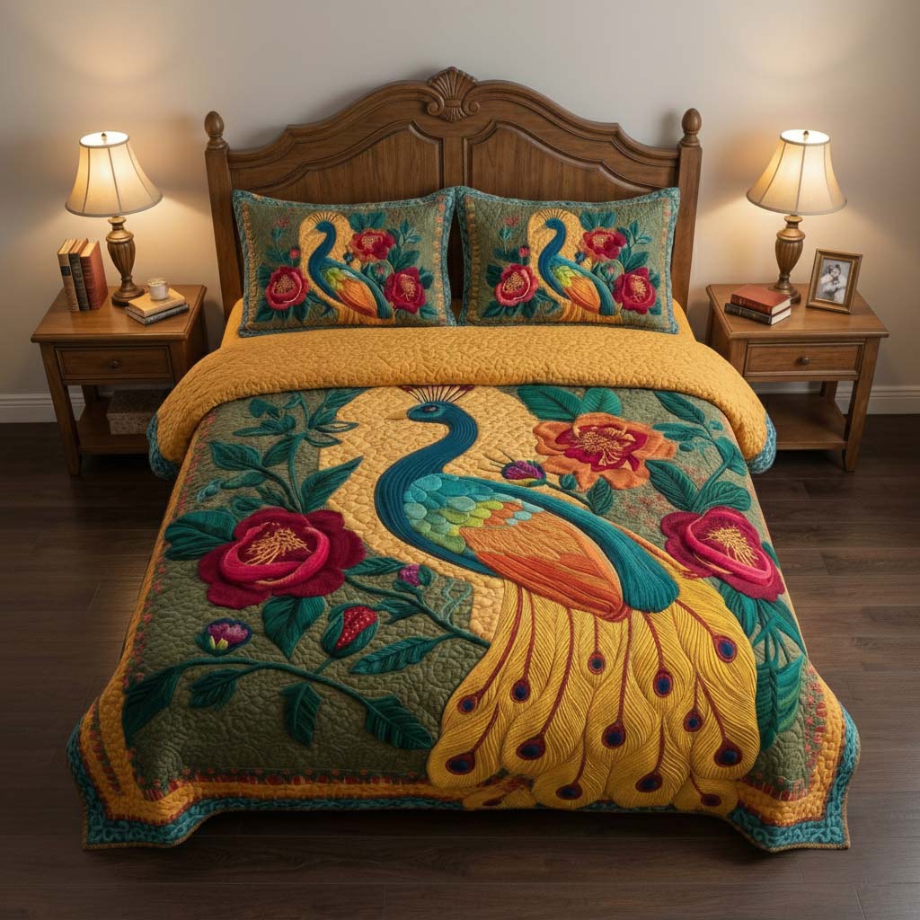 Serene Peacock 3-Piece Quilted Bedding Set GFTOYC2839