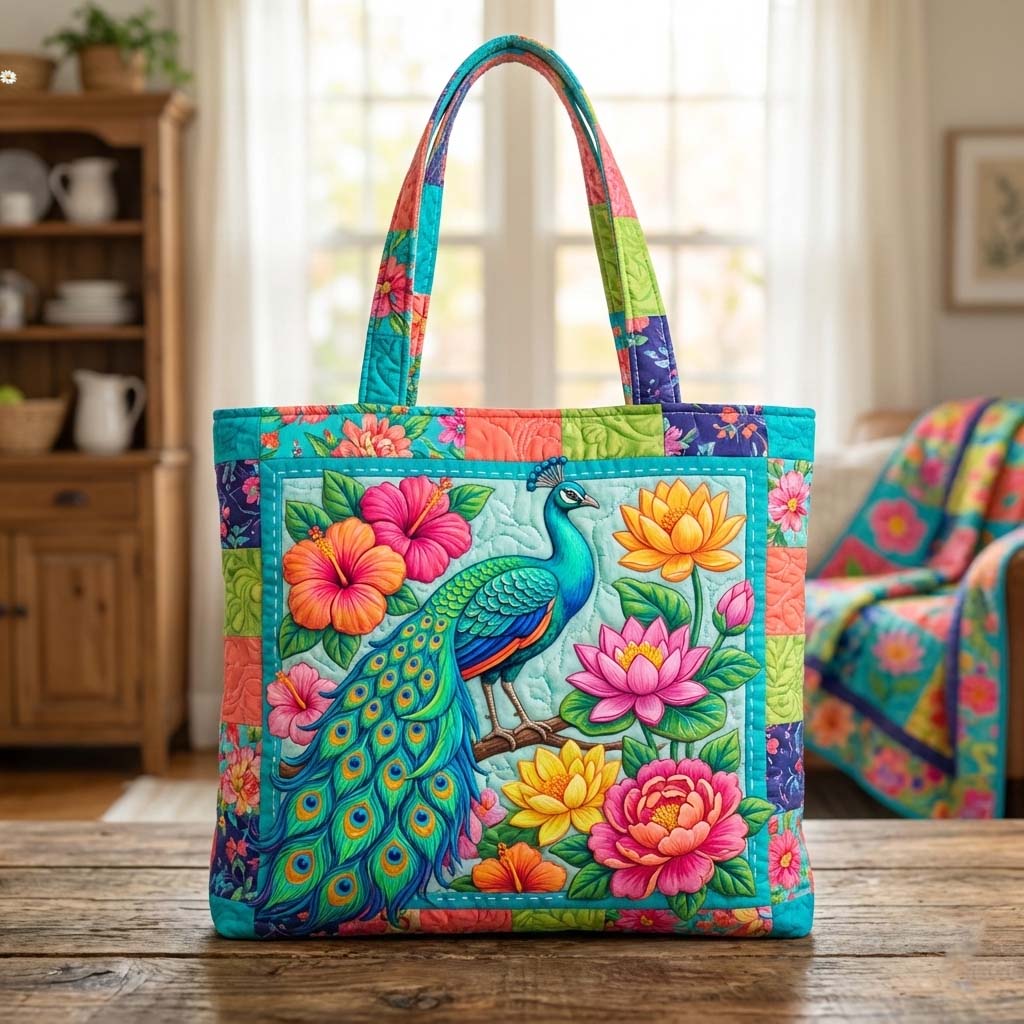 Elegant Peacock Quilted Tote Bag GFTOYC3019
